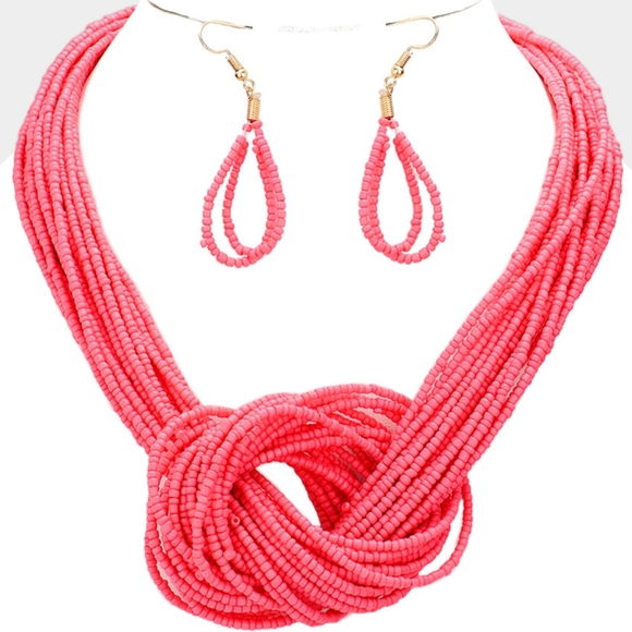 Pink Multi Strand Beaded Bohemian Necklace Knot Bib Seed Chain Boho Set - Picture 3 of 3
